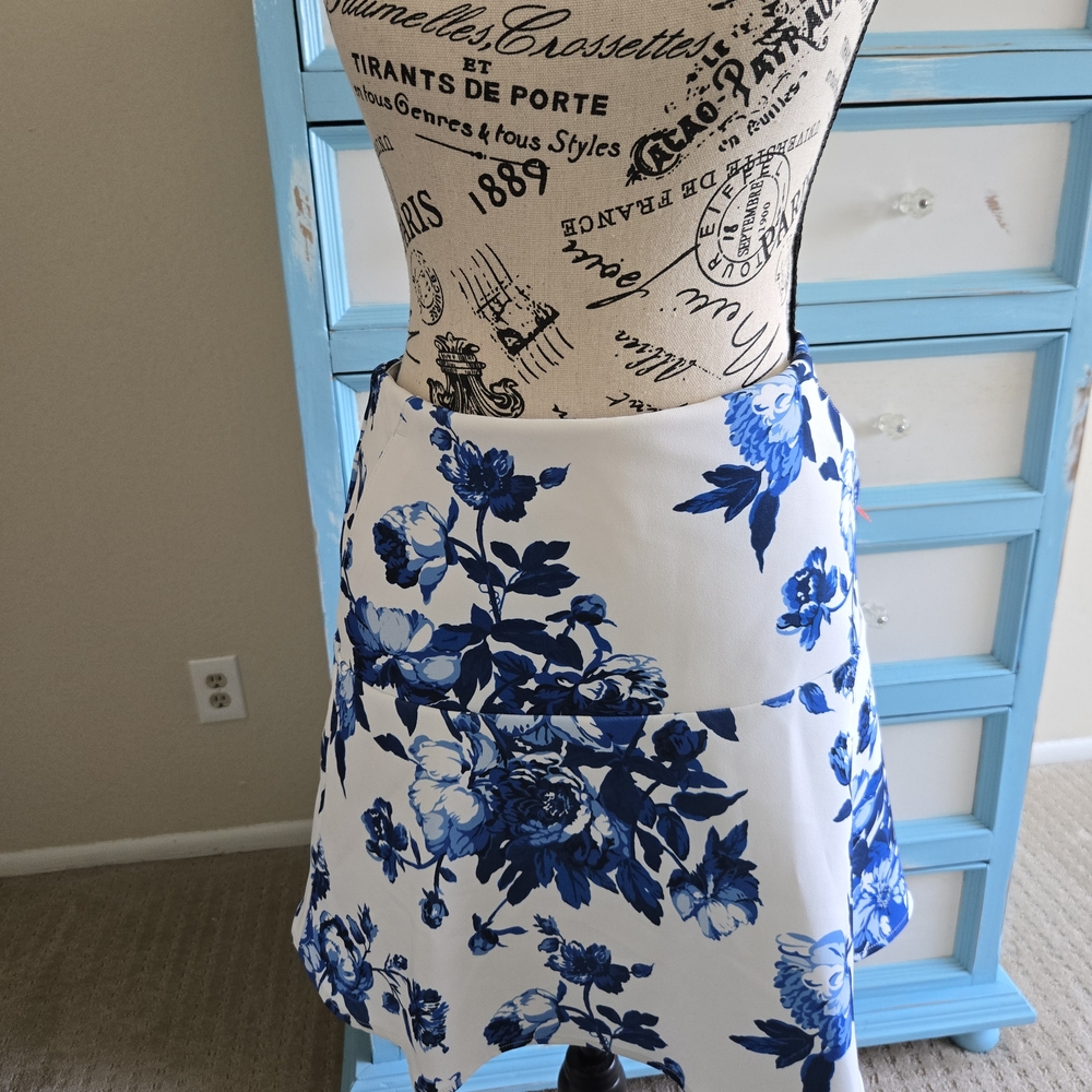 Ralph Lauren White and Blue Floral A-Line Skirt